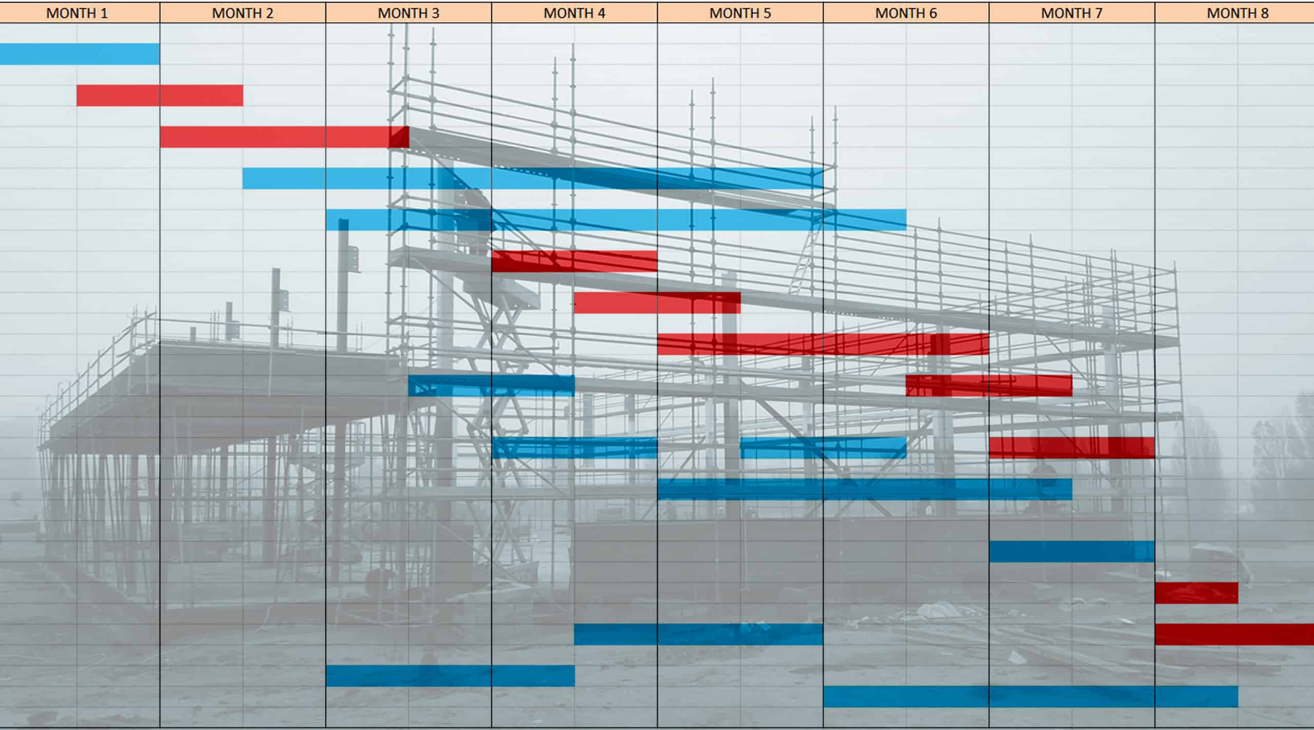 Monthly project baseline schedule produced by JTE Claims Consultants Ltd.