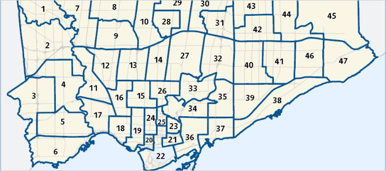 Toronto district overlay map determining full length trenchless rehabilitation of existing gravity sewers for which JTE provides Construction Claims Consulting Services for project contractor's legal counsel.