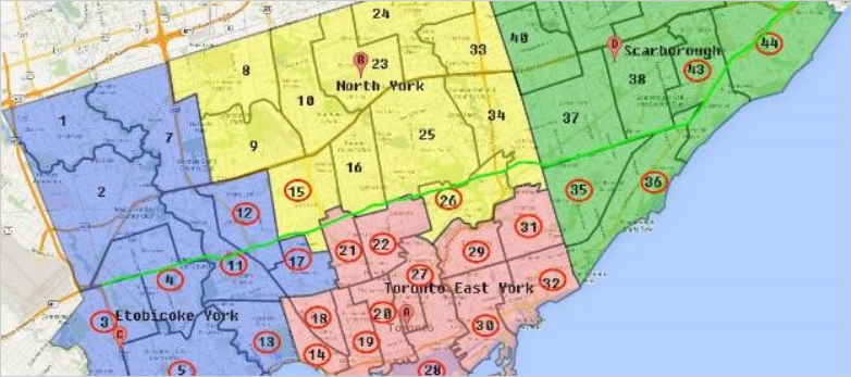 Toronto district overlay map determining spot trenchless rehabilitation of sewers systems for which JTE provides Construction Claims Consulting Services for project contractor.