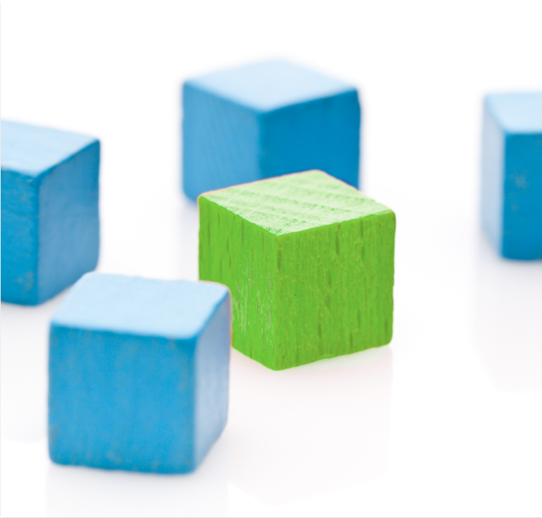Image of four blue cubes and one green cube for reference to JTE Claims Consultants Ltd professional affiliations.
