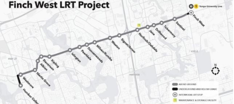 Map of Finch West Light Rail Transit for which JTE provides Commercial Advisory Services as part of Technical Advisory team.